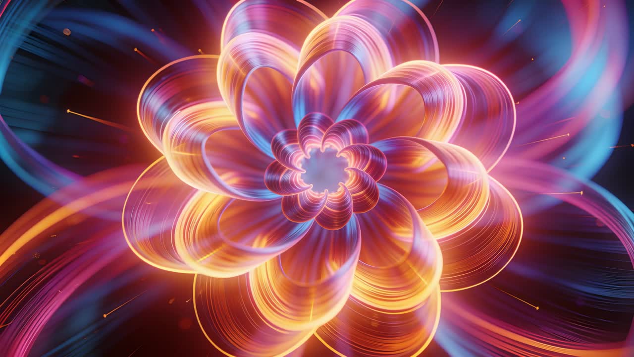 Riproduzione avviata, con un frattale di petali luminosi che ruota e pulsa in una demo tecnologica, emettendo nastri.