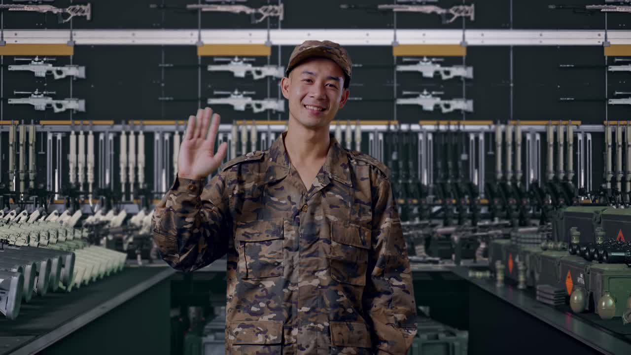 Soldato asiatico sorridente che saluta con la mano e dice addio in un arsenale militare