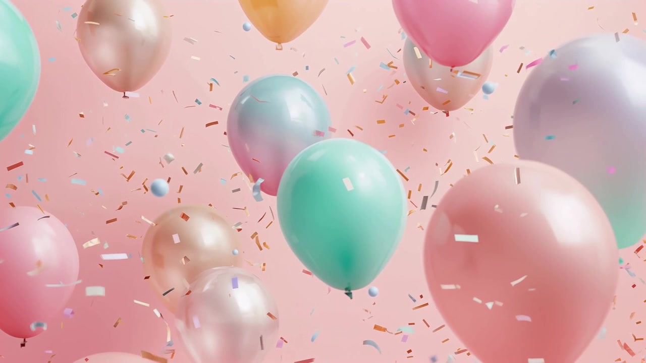 Brezza leggera che solleva un gruppo di palloncini pastello, inviando coriandoli attraverso uno sfondo rosa, aggiungendo profondità