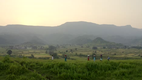 people carrying bag on their head while walking in the green hills at sunrise