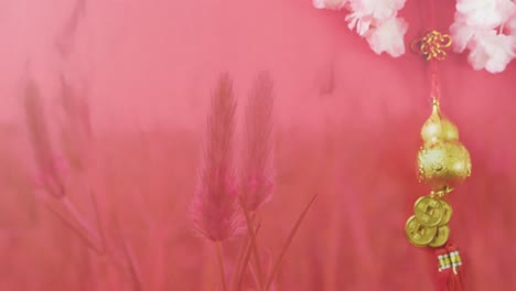 animation of meadow over chinese traditional decorations on red background