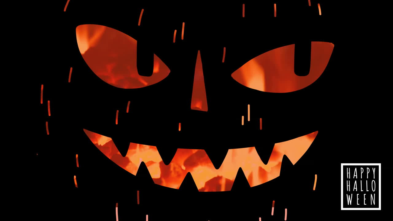 cara de linterna brillante con texto feliz de halloween sobre un fondo ardiente