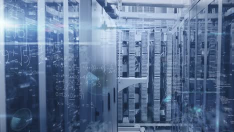 animation of mathematical equations and data processing over server room