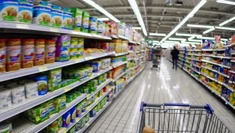 metal shopping cart gliding through brightly lit supermarket aisle, revealing expansive shelves stocked with diverse product varieties from customer's moving perspective