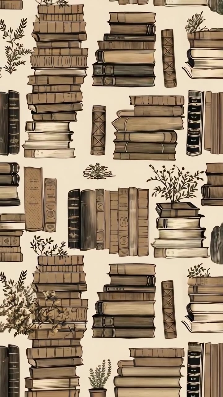 Motivo senza soluzione di continuità di libri vintage impilati e piante