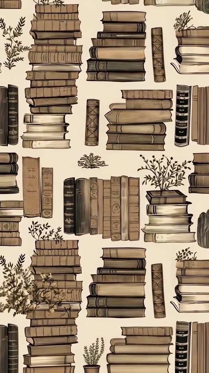 Motivo senza soluzione di continuità di libri vintage impilati e piante