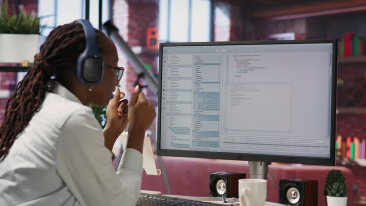 IT worker wearing headphones happy after finishing compiling code