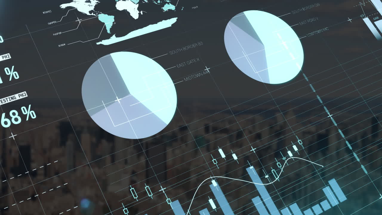 Animation of statistical data processing against aerial view of cityscape