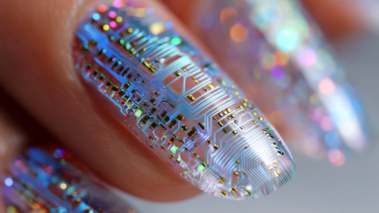 A Close-Up of Stunning Nail Art Featuring Intricate Circuit Board Patterns, Combining Technology and Aesthetics with Shimmering Holographic Elements for Eye-Catching Design
