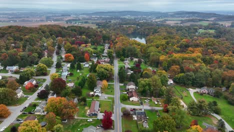 high descending aerial of neighborhood surrounded by colorful forest, woodlands during autumn