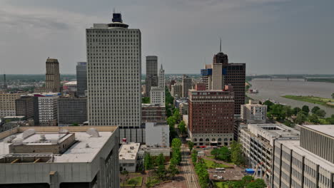 memphis tennessee aerial v44 cinematic drone flyover uptown and downtown area along north main street through the high rise buildings capturing riverside cityscape - shot with mavic 3 cine - may 2022