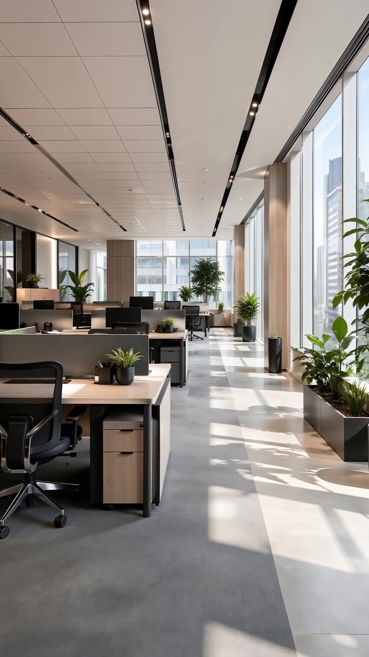 Empty modern open plan office space with desks and large windows