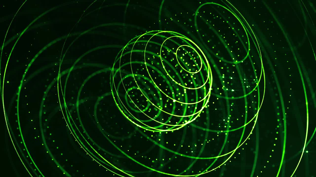 보케와 빛 효과를 가진 4k 루프 공상 과학 녹색 배경: 빛나는 녹색 입자가 선, 표면,, 구형 구조를 가상 공간 또는 휴드 스크린의 홀로그램으로 형성합니다.