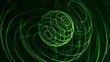 4k looped sci-fi fondo verde con bokeh y efectos de luz. partículas de color verde brillante forman líneas, superficies, estructuras esféricas de cuerda como espacio virtual o holograma para pantalla hud. 5