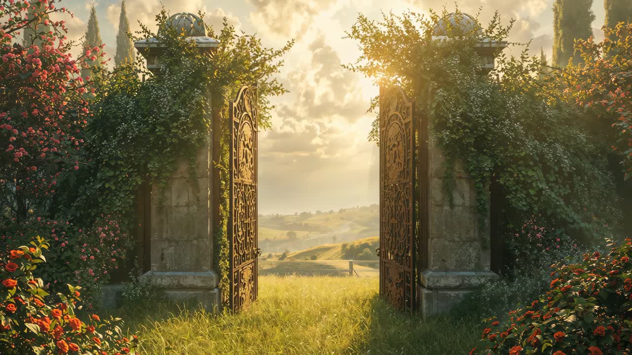 A Picturesque Garden Gate Leading to a Beautiful Landscape