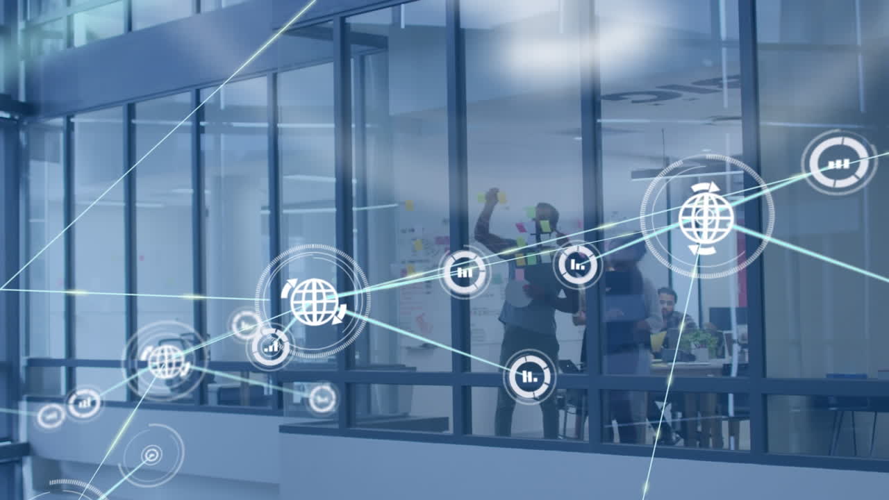 사무실에서 다양한 사업가들과의 아이콘과의 연결 네트워크의 애니메이션