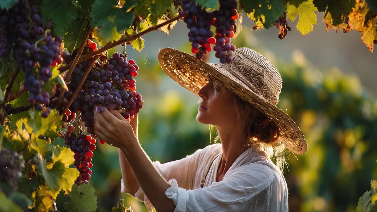 A diligent woman in a sunhat delicately harvests ripe grapes from a lush vineyard, showcasing the beauty of nature and the art of grape picking in a serene setting