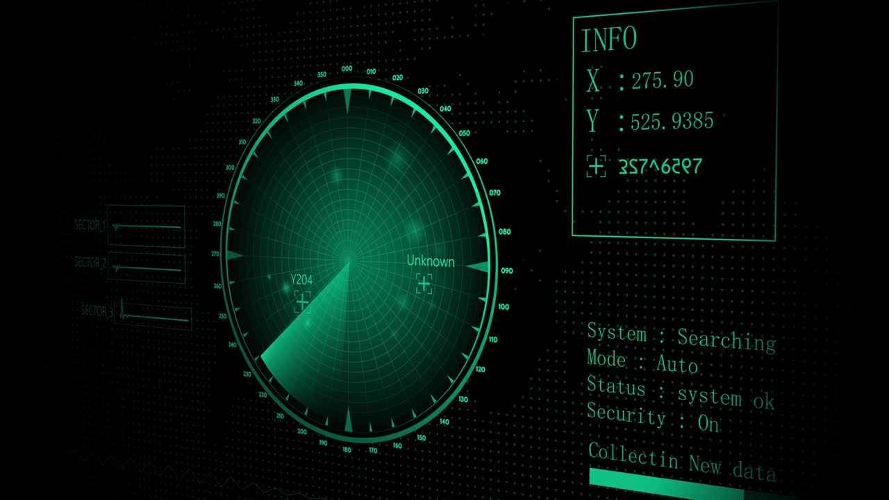 적의 항공기 및 선박에 대한 레이더 스캐너 검색: 4k 해상도 이상의 레이더 스캔의 3d 뷰.