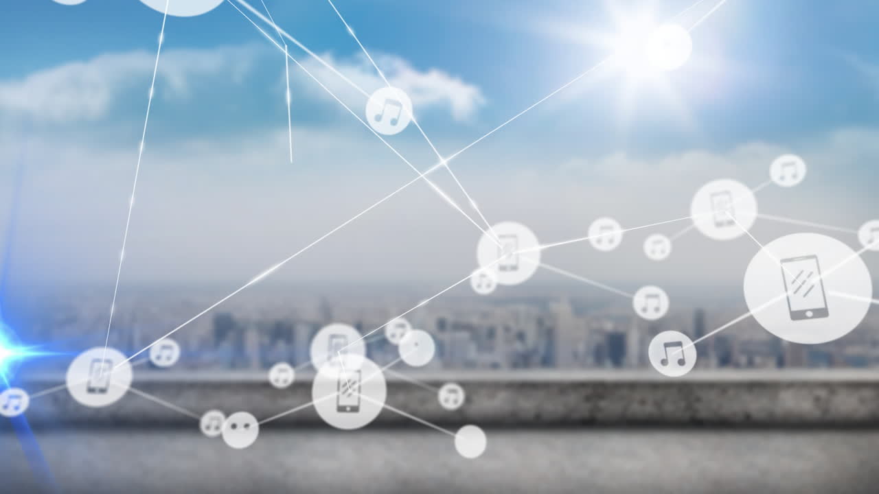 음악과 스마트폰 아이콘이 라인에 의해 연결되어 있으며, 도시 풍경에 대한 네트워크 통신 애니메이션이 있습니다.