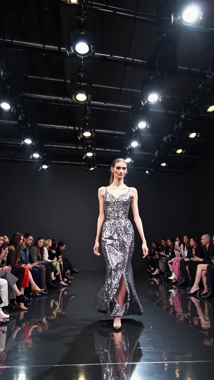 En lavvinklet videooptagelse af en modecatwalk, der fanger en model i en skinnende kjole