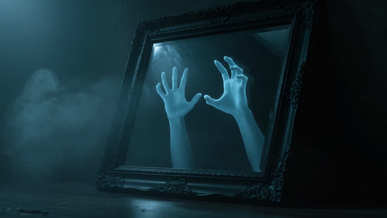 Un momento inquietante catturato in una stanza buia, dove mani spettrali emergono da uno specchio decorato, evocando un senso di mistero e soprannaturale