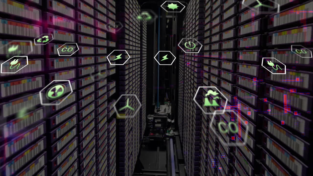 Animation of eco icons and data processing over computer servers