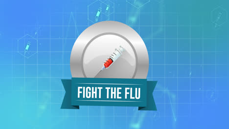 animación de iconos médicos y vacuna con texto de lucha contra la gripe en fondo azul