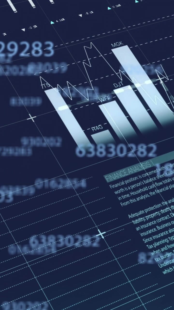 Animation of statistics and financial data processing on dark background