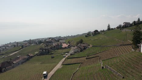 aerial of small farming town in beautiful green countryside