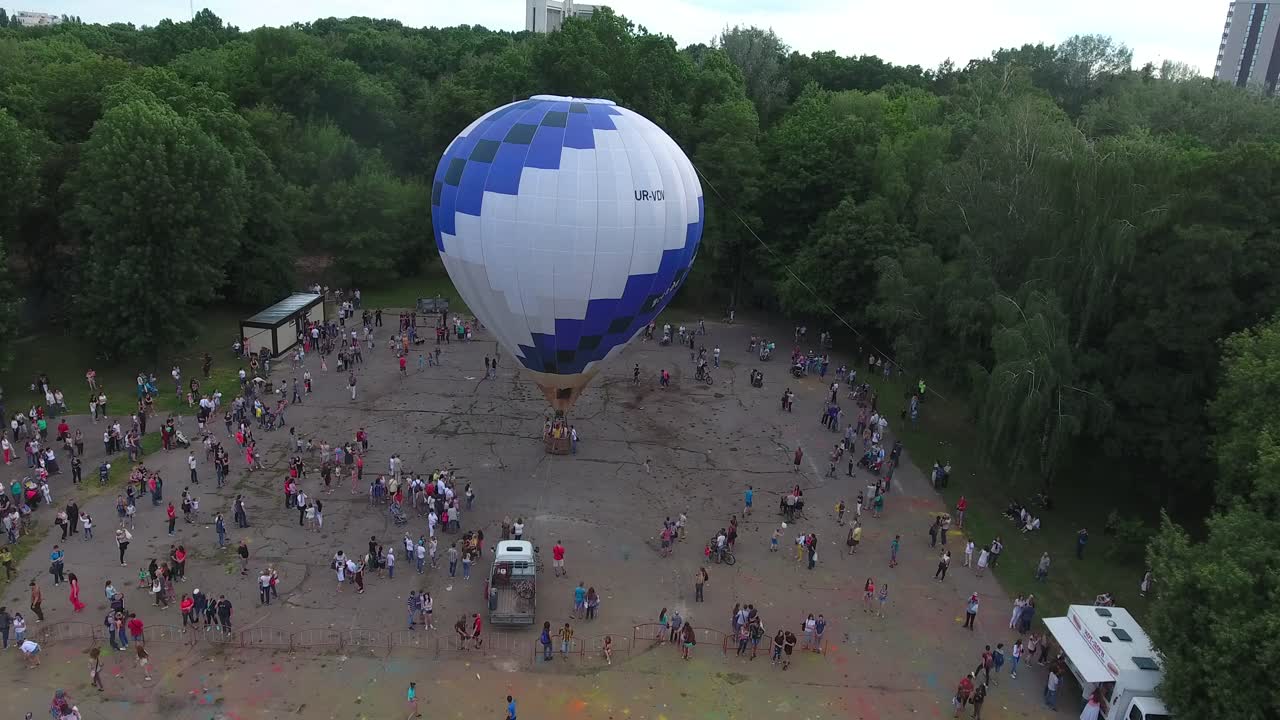 Air Balloon Is Getting Ready To Take Off. VINNITSA, UKRAINE - JULY 2017: Aerial shot of the hot air balloon is getting ready to take off in city park