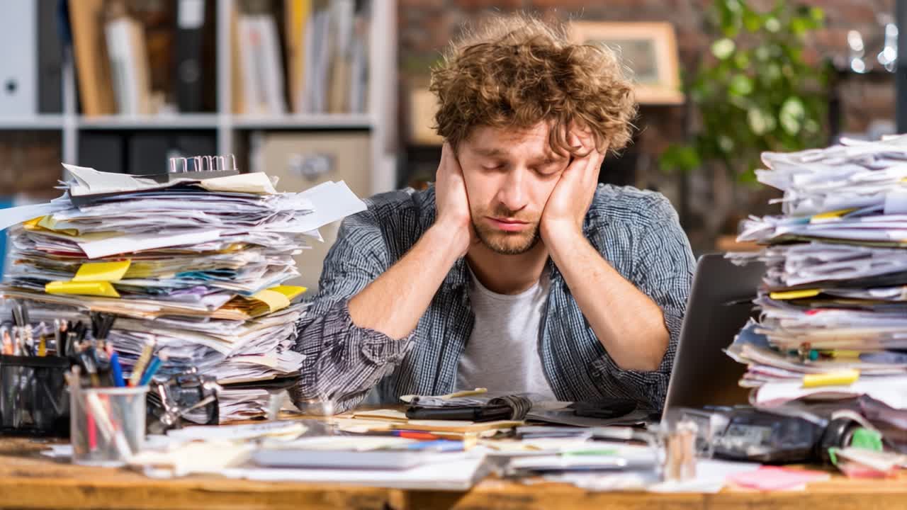 Overwhelmed by Clutter: A Frustrated Individual Struggles to Manage a Mountain of Papers and Distractions in a Chaotic Workspace