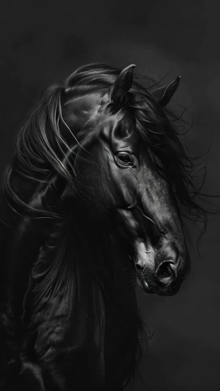Elegant black horse in profile against a dark background, captured in a close-up angle