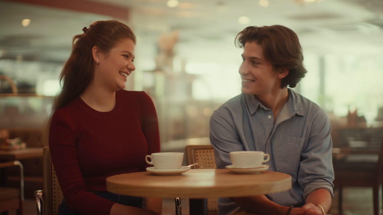 Young Couple At Cozy Cafe, Smiling And Sharing Coffee While Exchanging Shy Glances Across A Small Round Table,