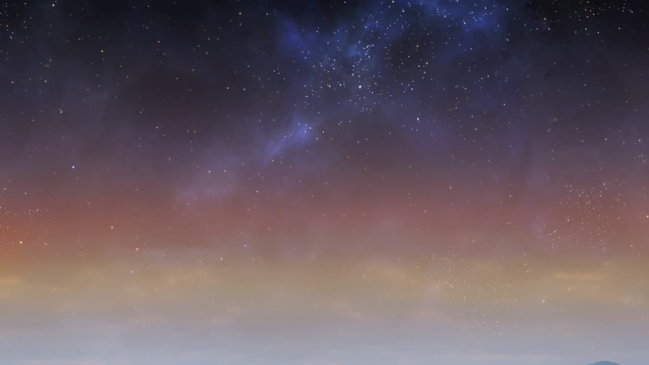 Starry sky showing pink glowing petals arc, snowflakes beginning drifting intensifying winter vibe