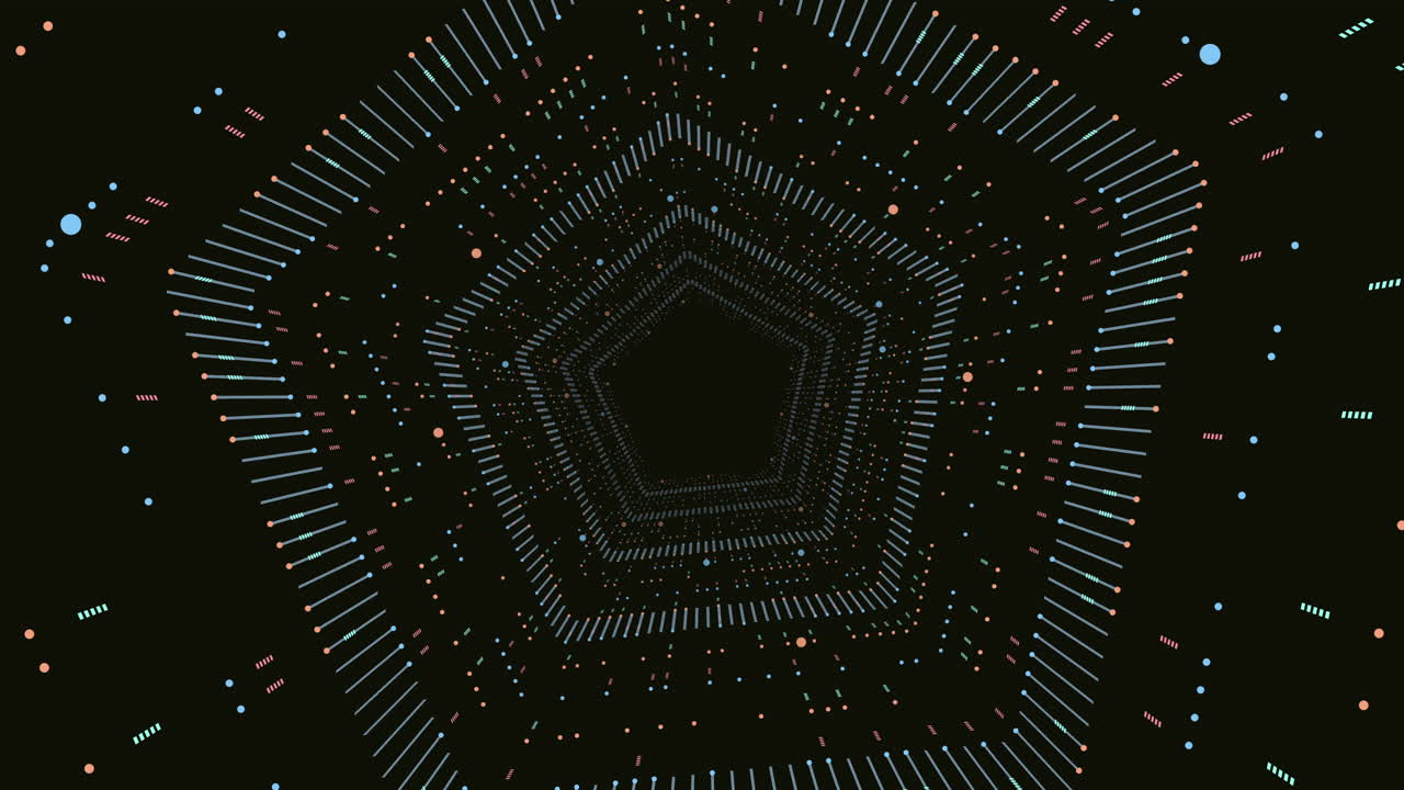 어두운 은하에서 나선형으로 점과 선이 있는 네온 미래형 육각형