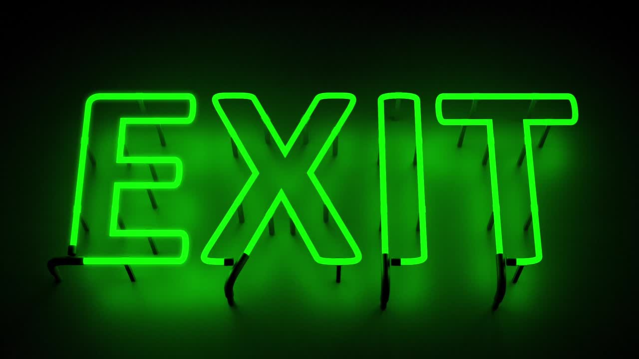 Exit green neon sign blinking in the dark