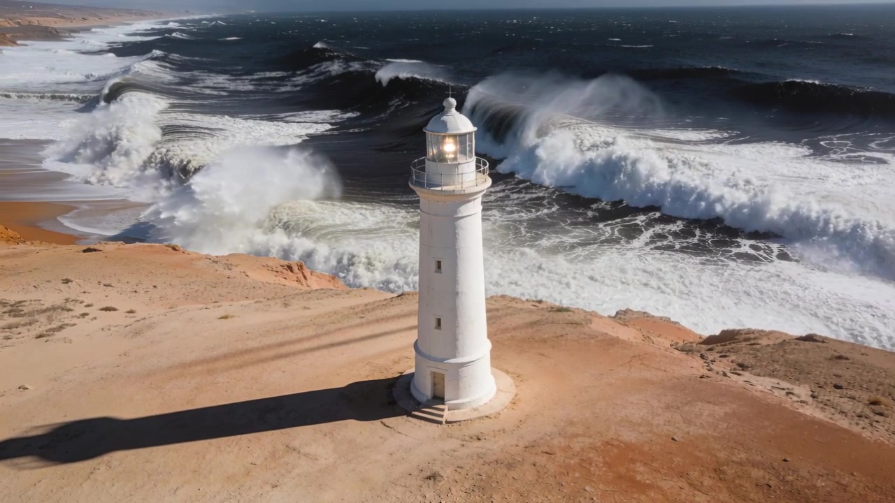 Faro bianco in piedi con il fascio di luce che brilla su una scogliera sabbiosa, mentre le mareggiate si avvicinano e le onde si infrangono