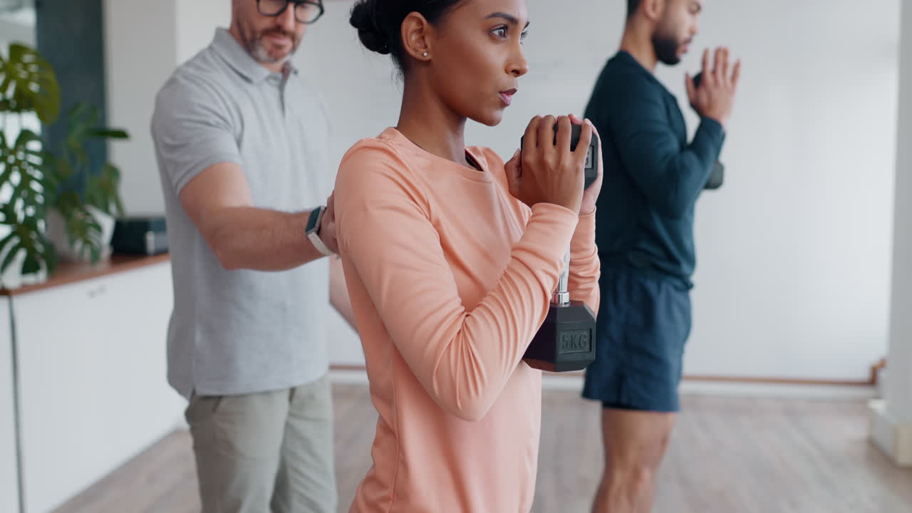 entrenador personal, apoyo o gente en cuclillas