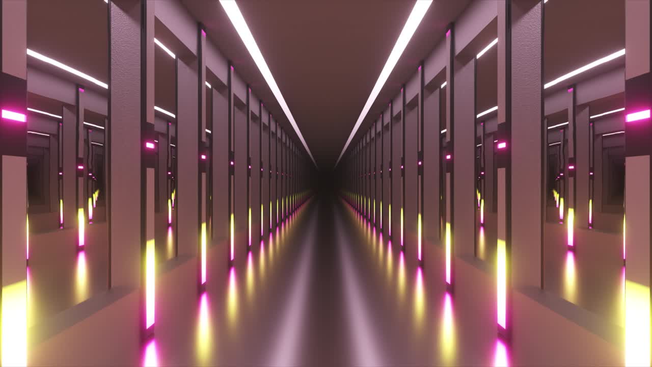 Tunnel fantascientifico o corridoio di astronave. La telecamera scorre lungo un corridoio illuminato al neon. Concetto futuristico. Animazione 3D in loop continuo.