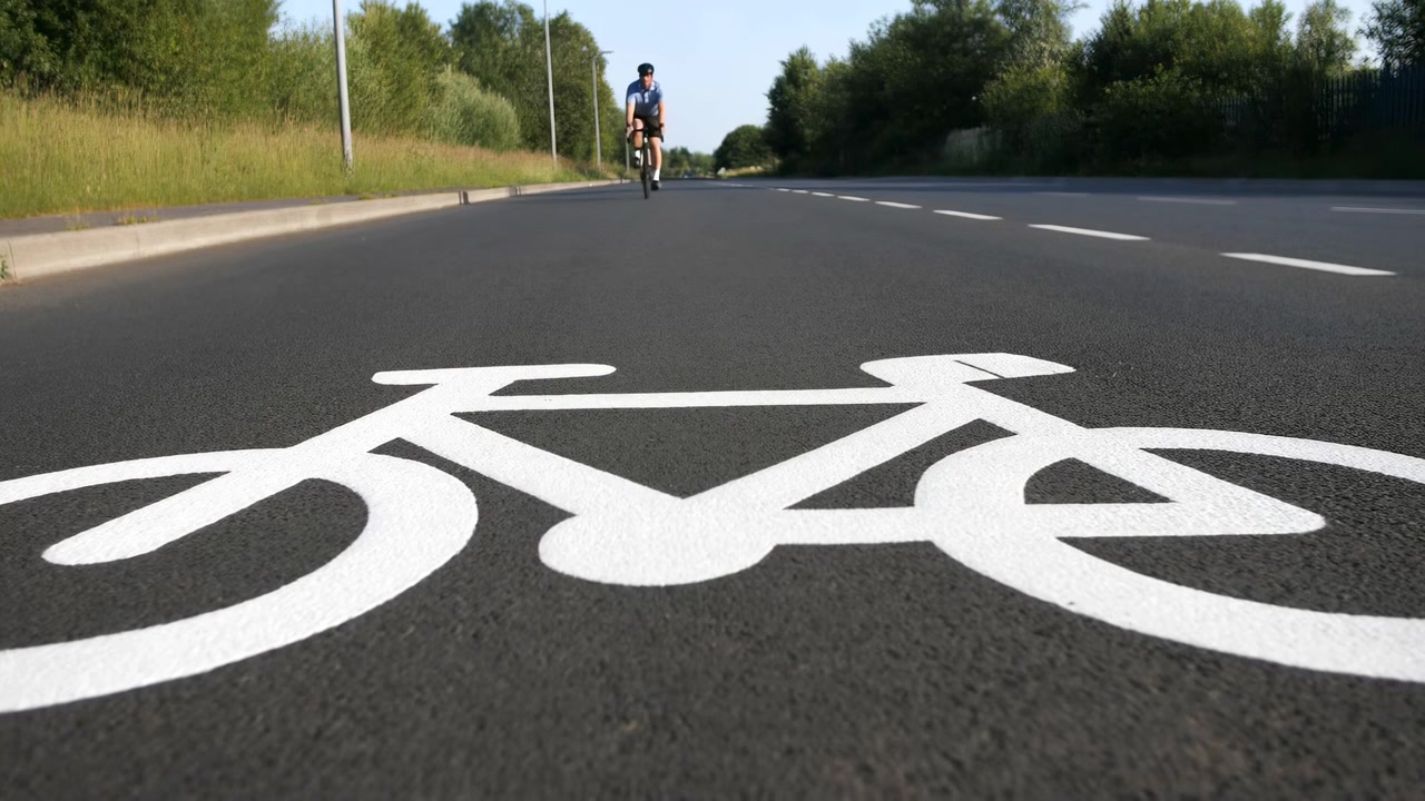 Widok z poziomu gruntu szerokiej asfaltowej drogi z dużym białym oznaczeniem roweru na pierwszym planie, rowerzystą jadącym w oddali i zielonymi drzewami wzdłuż obu stron
