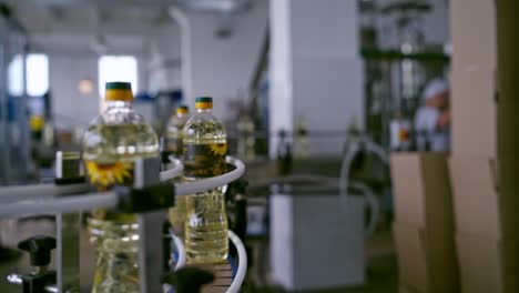 sunflower oil in bottle. line of food production of refined sunflower oil