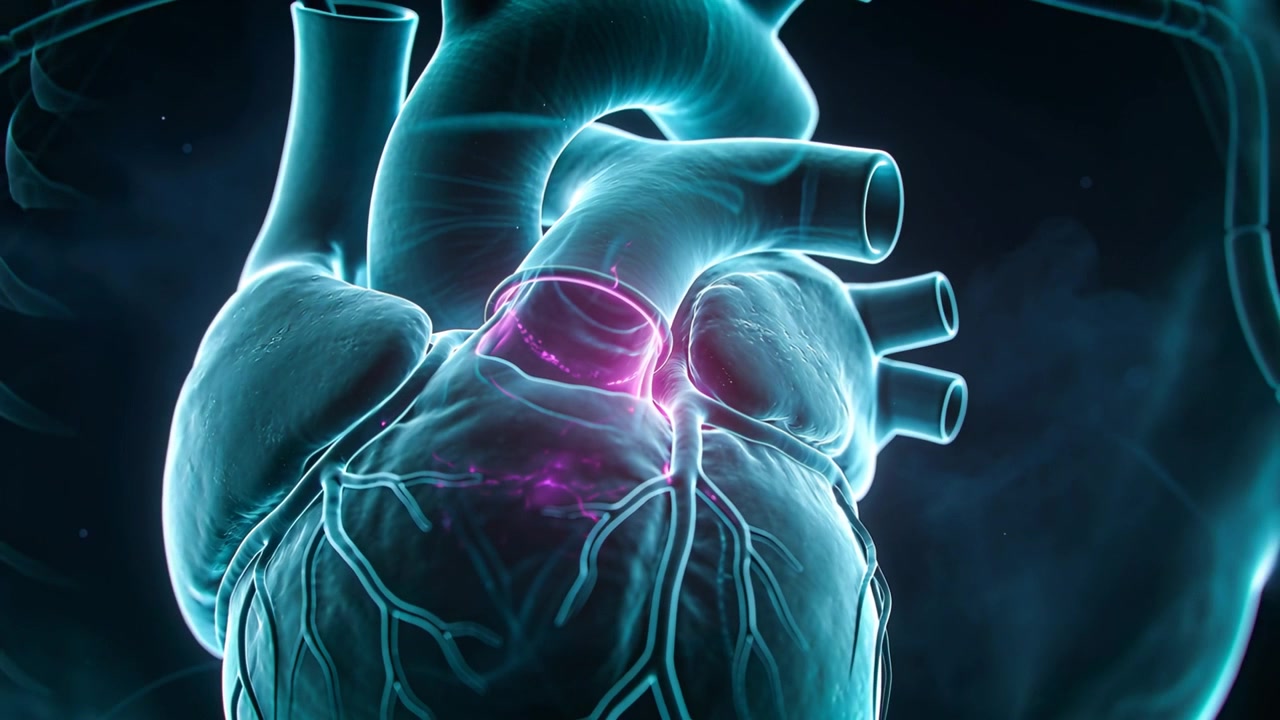 Valvola rosa che pulsa, azionando un cuore in rotazione, con uno zoom indietro in studio che mostra l'aorta e le coronarie ciano.
