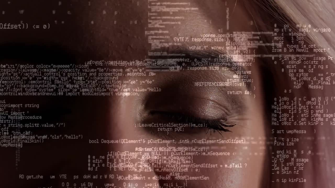datos desplazándose contra un fondo de ojos de mujer
