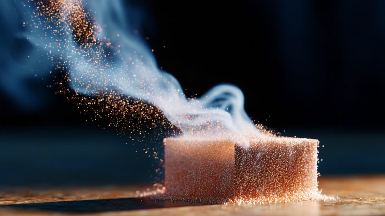 Captivating Visualization of Particles and Smoke Emanating from a Metallic Cube, Showcasing the Intersection of Art and Science in Motion, with Glimmering Details and Dynamic Flow