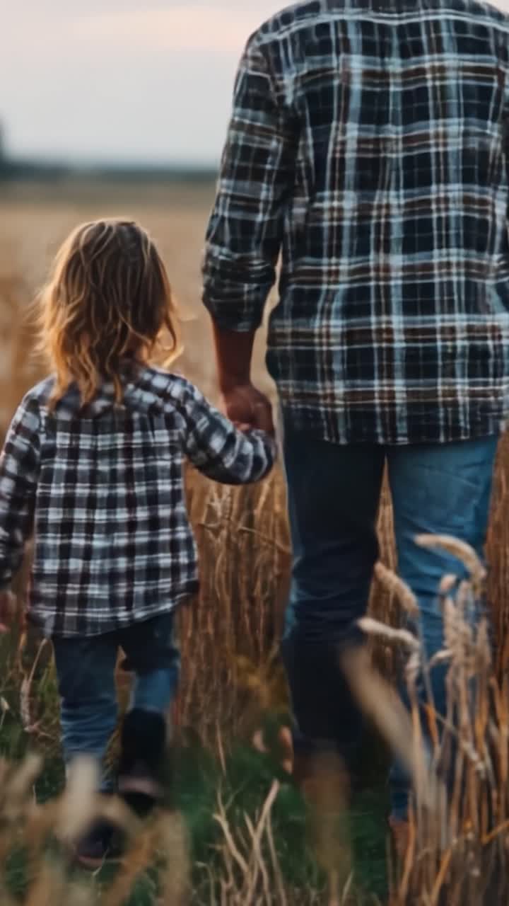A Heartwarming Bond: Parent and Child Walking Together Through a Sunlit Field of Golden Wheat, Enjoying Nature and Cherishing Life's Simple Moments