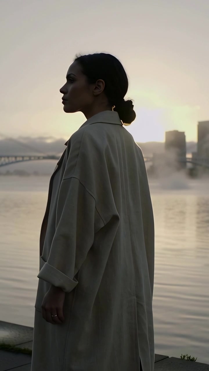Vertical video: Gazing woman in trench turning head as sun urging on bay with bridge skyline mist