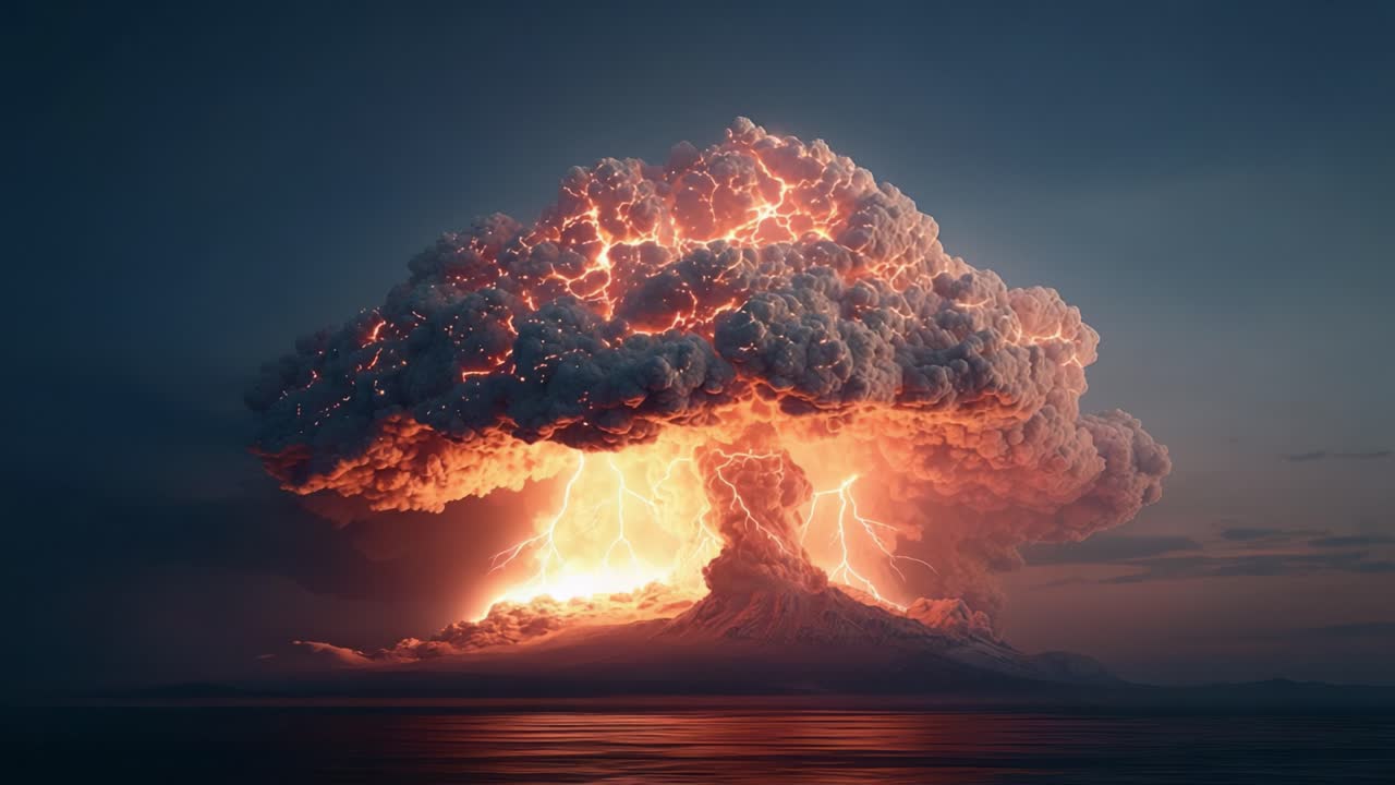 A Stunning Display of Nature's Power: A Volcanic Eruption Unleashes Fiery Explosions and Illuminating Lightning Against a Darkened Sky