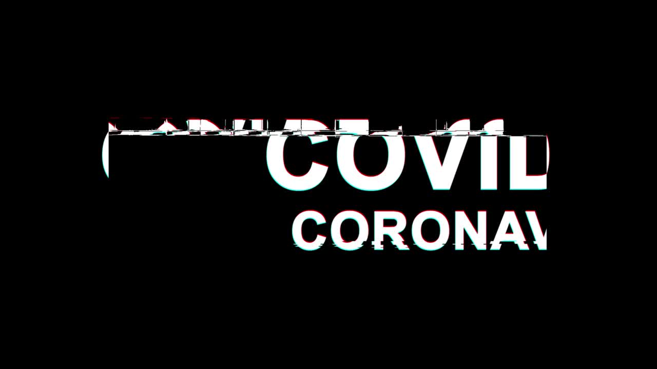 Segnale di avviso coronavirus Covid 19. Stop coronavirus. Epidemia di coronavirus. Pericolo coronavirus. Animazione in loop con testo coronavirus Covid 19 e effetto glitch.