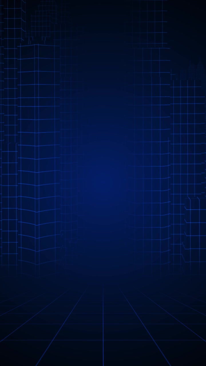 Dark blue urban grid scene line drawn towers glowing floor rays deep digital perspective city tech