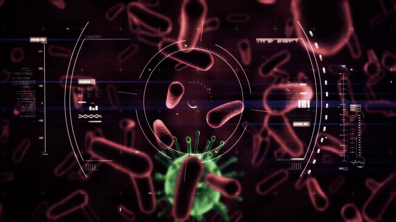 células de virus y bacterias generadas digitalmente contra un fondo negro